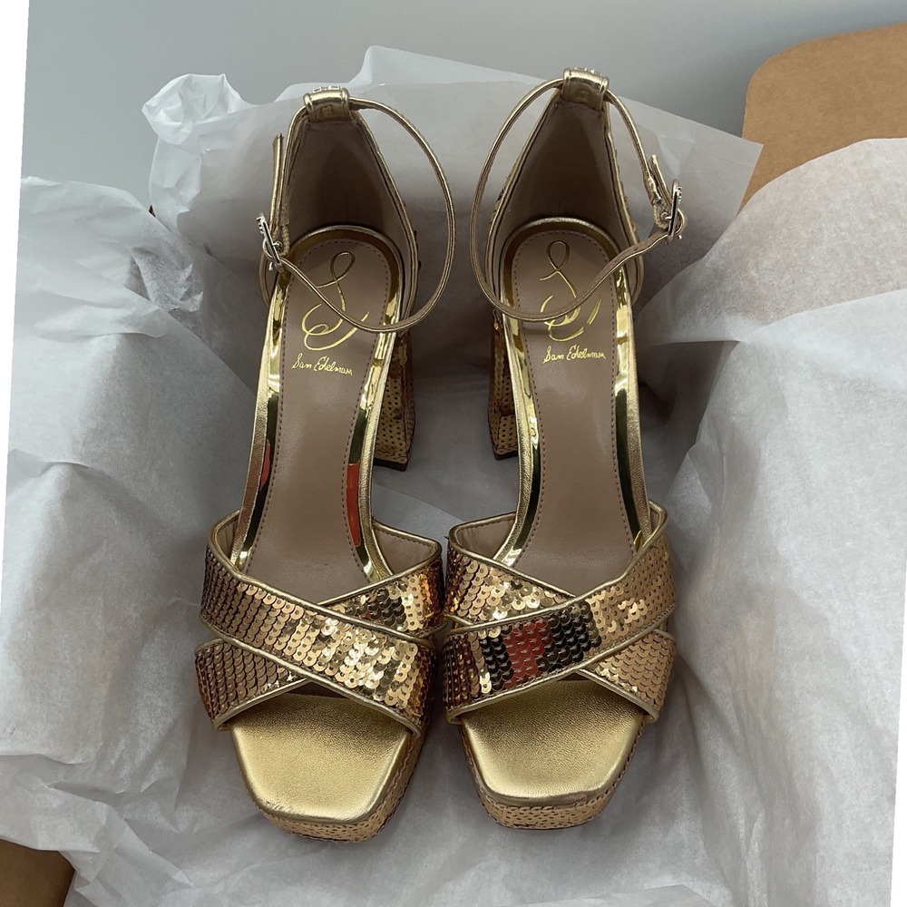 Sam Edelman Gold Sequin Platform Block Heel Sandals Ankle Strap Evening Shoes